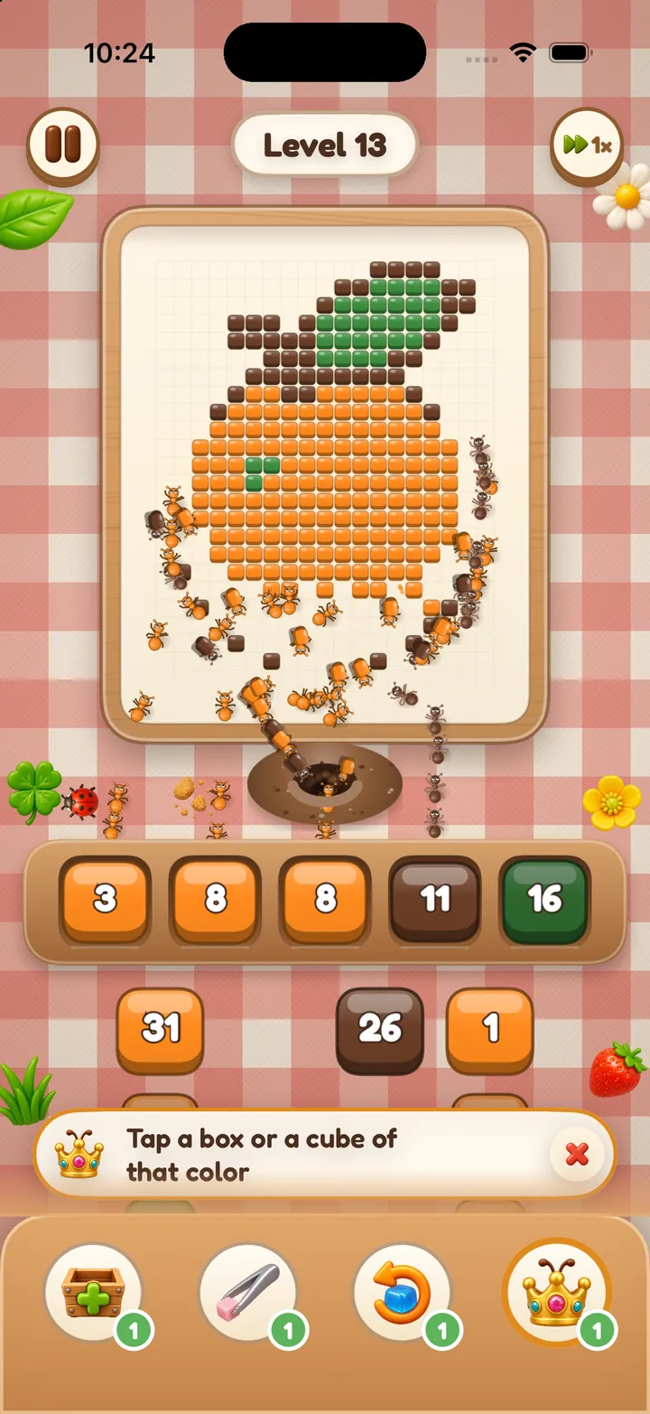 Level 13: a swarm of ants eats the orange cubes of a fruit picture, with the booster buttons at the bottom.