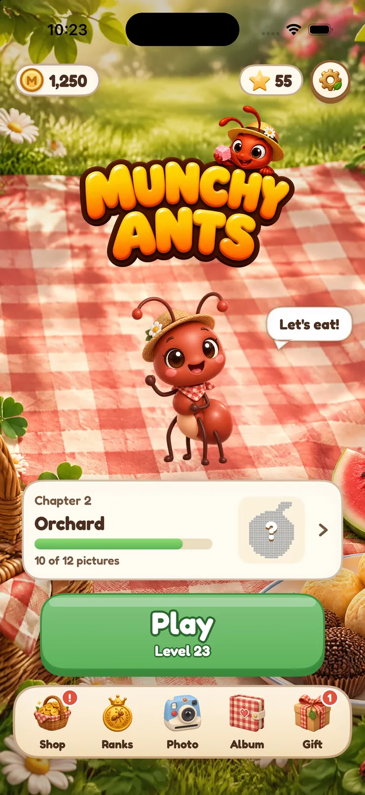Home screen: the Munchy Ants logo, Fifi saying “Let’s eat!”, chapter 2, Orchard, and a big Play button.